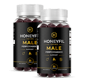 Two bottles of HoneyFil men's wellness vitality gummies